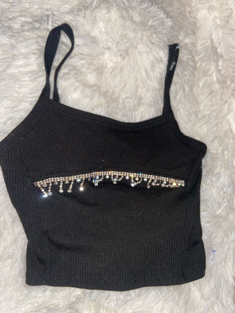 Black Rhinestone-Trim Ribbed Cropped Cami Top